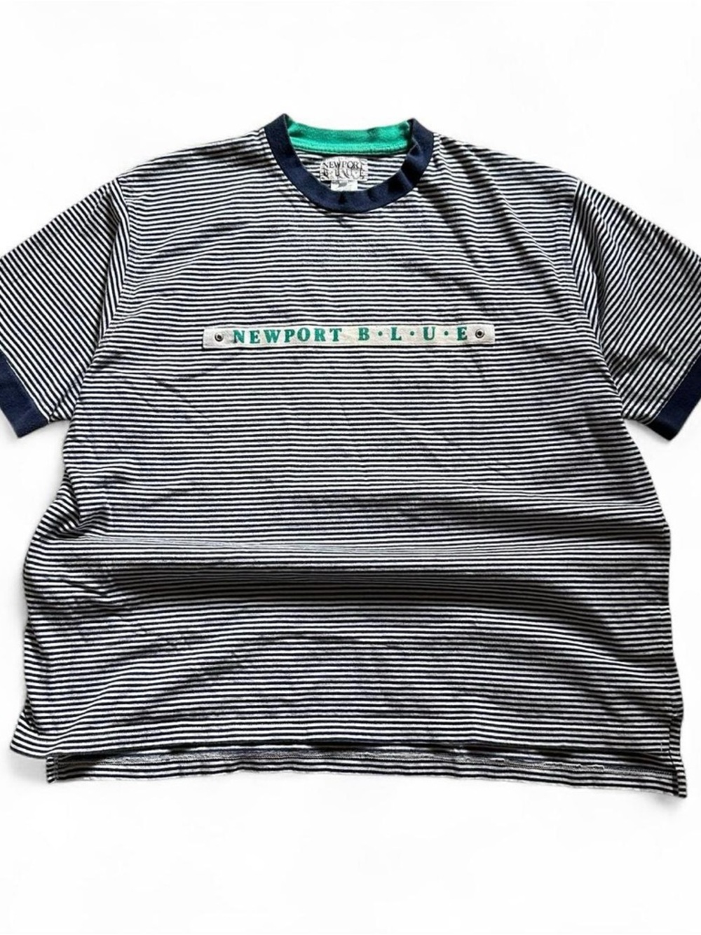 Vintage 1990s Newport Navy & White Striped Crewneck T-Shirt 3XL